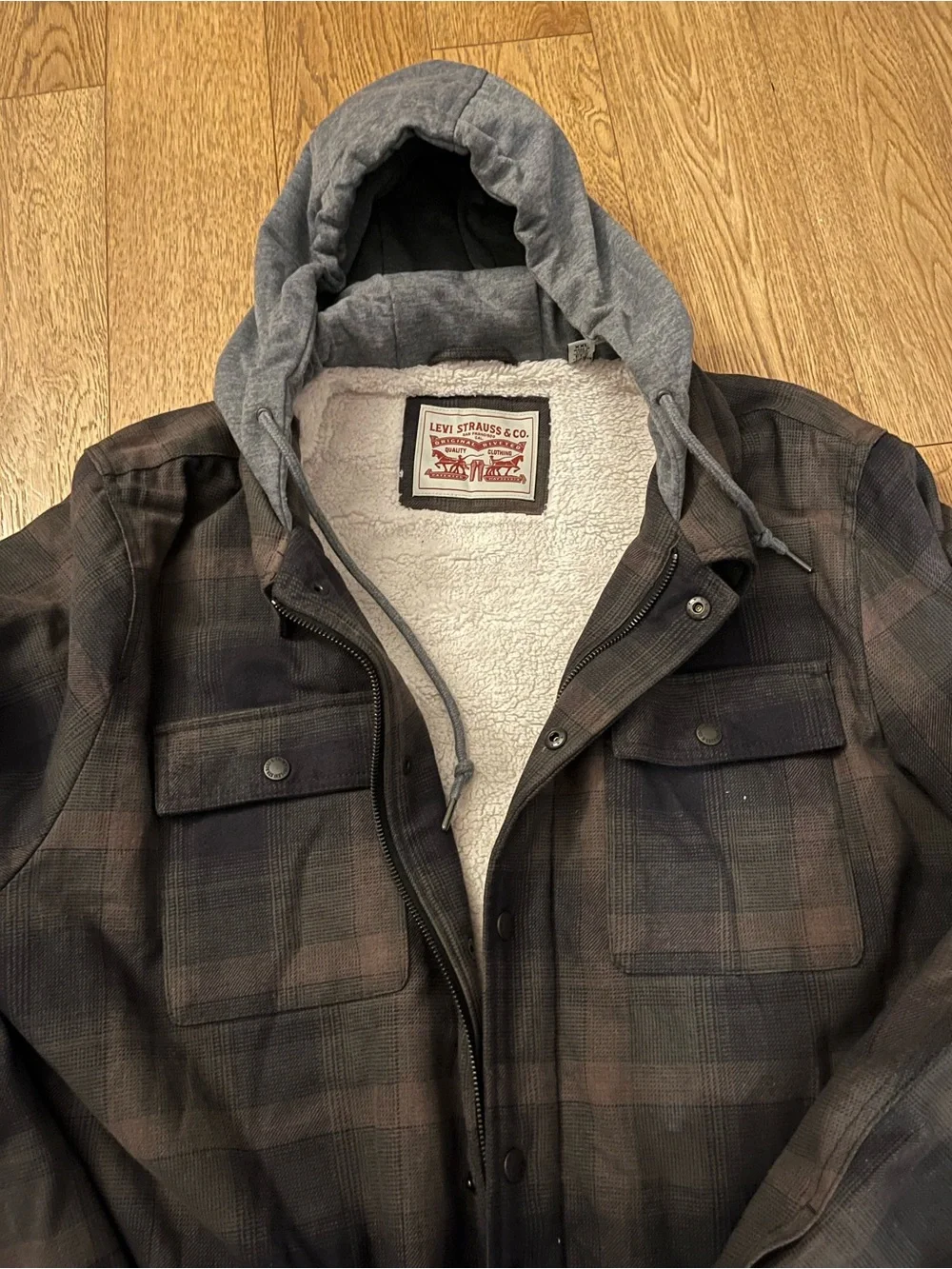 Levis Sherpa Lined Flannel Shirt Jacket Mens XXL New Brown Plaid Hooded Shacket - Picture 7 of 7
